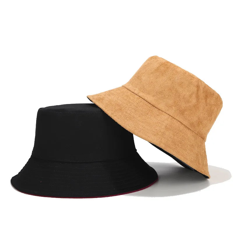 Unisex Suede Cotton Wide Brim Fisherman Bucket Hat with Button Silk Screen Printed Winter Outdoor Sun Protection Hat