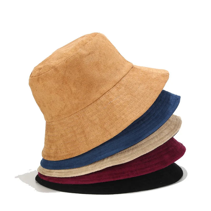 Unisex Suede Cotton Wide Brim Fisherman Bucket Hat with Button Silk Screen Printed Winter Outdoor Sun Protection Hat