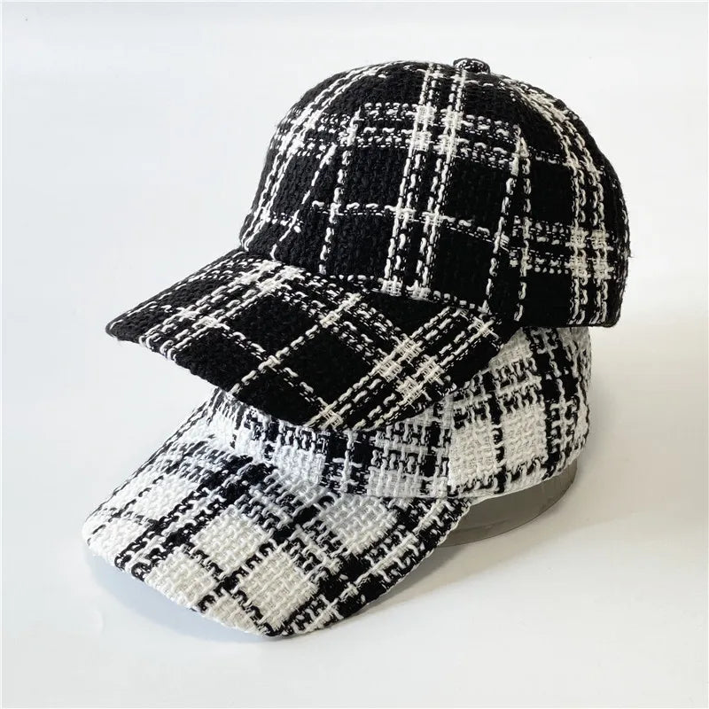 Women's Simple Versatile Cross-Border Baseball Sun Hat Black White Plaid Blended Knitted Peaked Cap Snapback