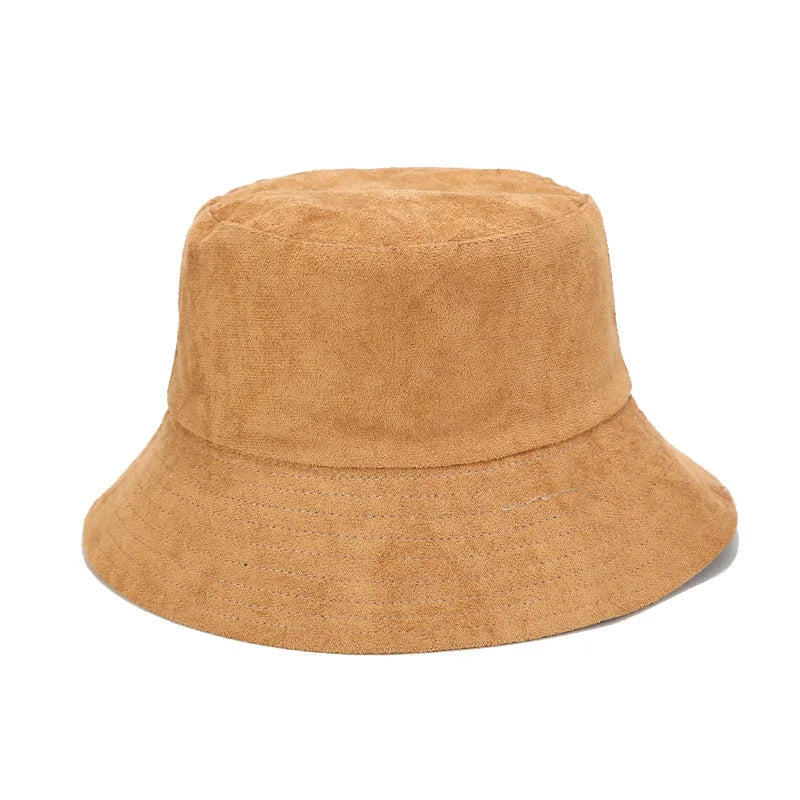 Unisex Suede Cotton Wide Brim Fisherman Bucket Hat with Button Silk Screen Printed Winter Outdoor Sun Protection Hat