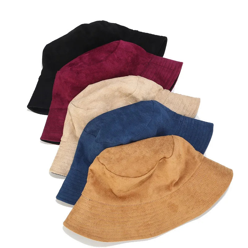 Unisex Suede Cotton Wide Brim Fisherman Bucket Hat with Button Silk Screen Printed Winter Outdoor Sun Protection Hat