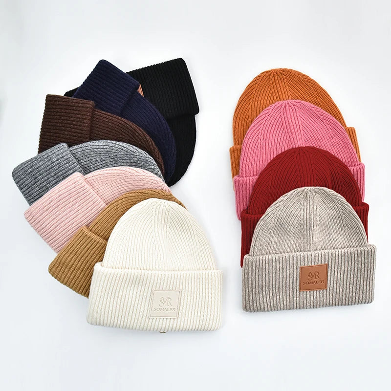 Unisex Wholesale Custom Logo Ribbed Wool Knit Beanies Winter Luxury Warm Cuffed Beanie Hat for Women Men